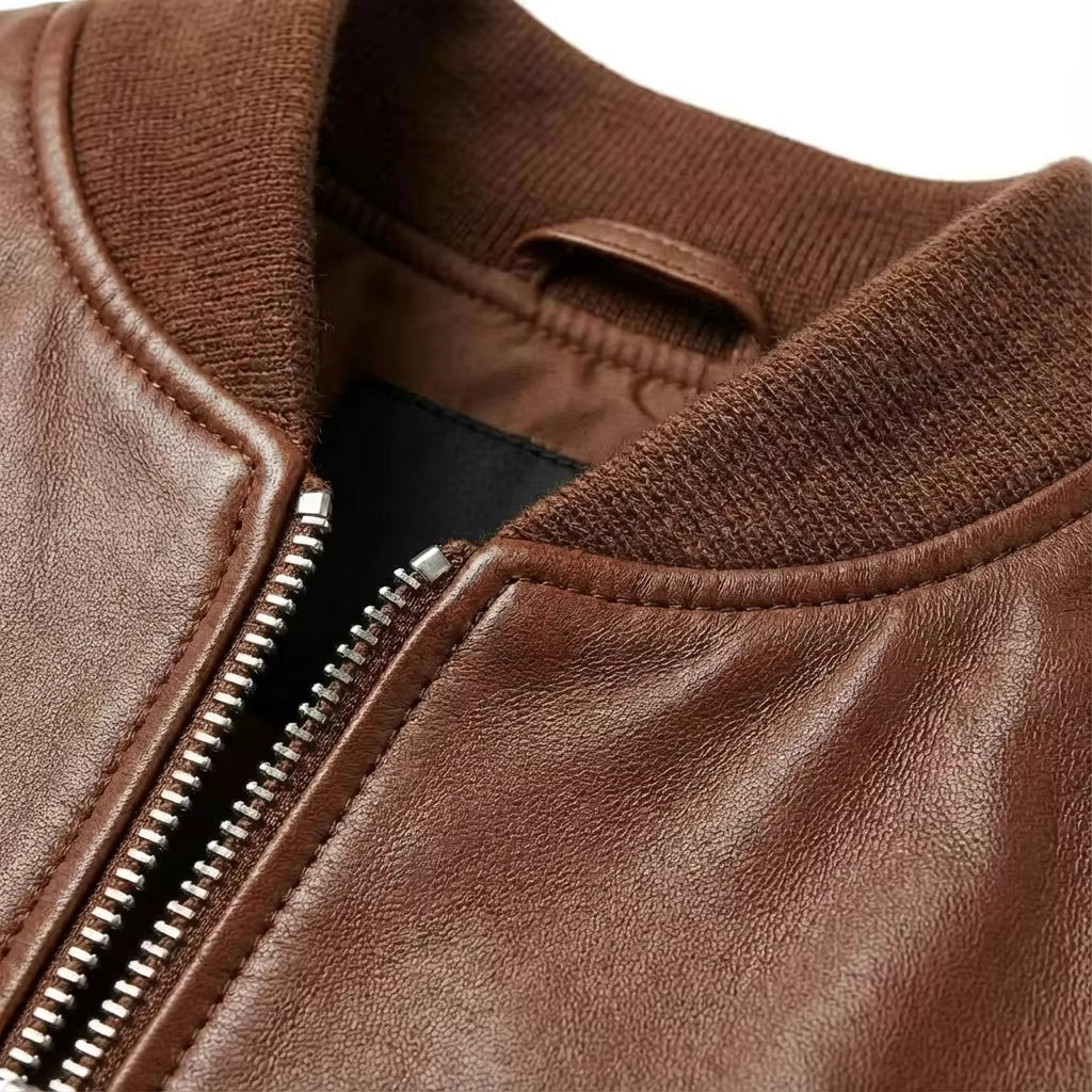 mens brown leather bomber jacket