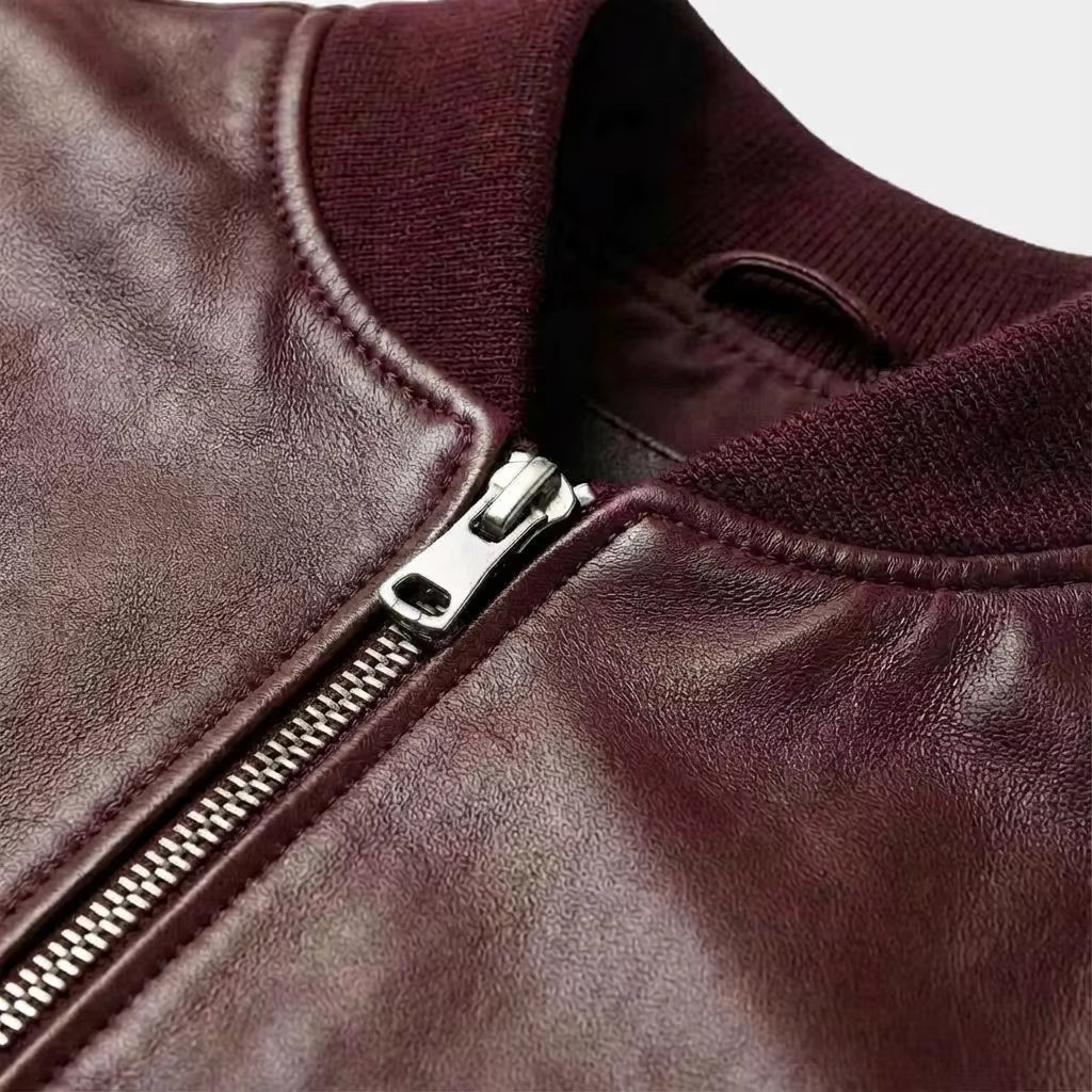 mens maroon leather bomber jacket